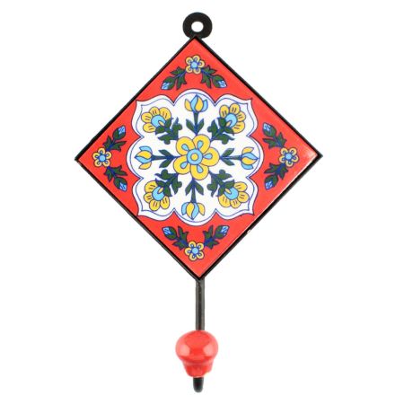 Red With White Floral Ceramic Tile Hook 
